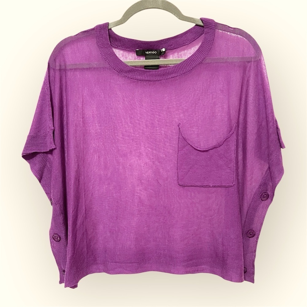 Vertigo delicate knit pullover vest, oversized lagenlook, purple, sheer knit, M
